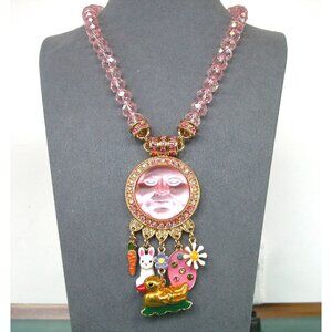 Kirks Folly Pink Moon Face Necklace With Charms & Crystal Beads